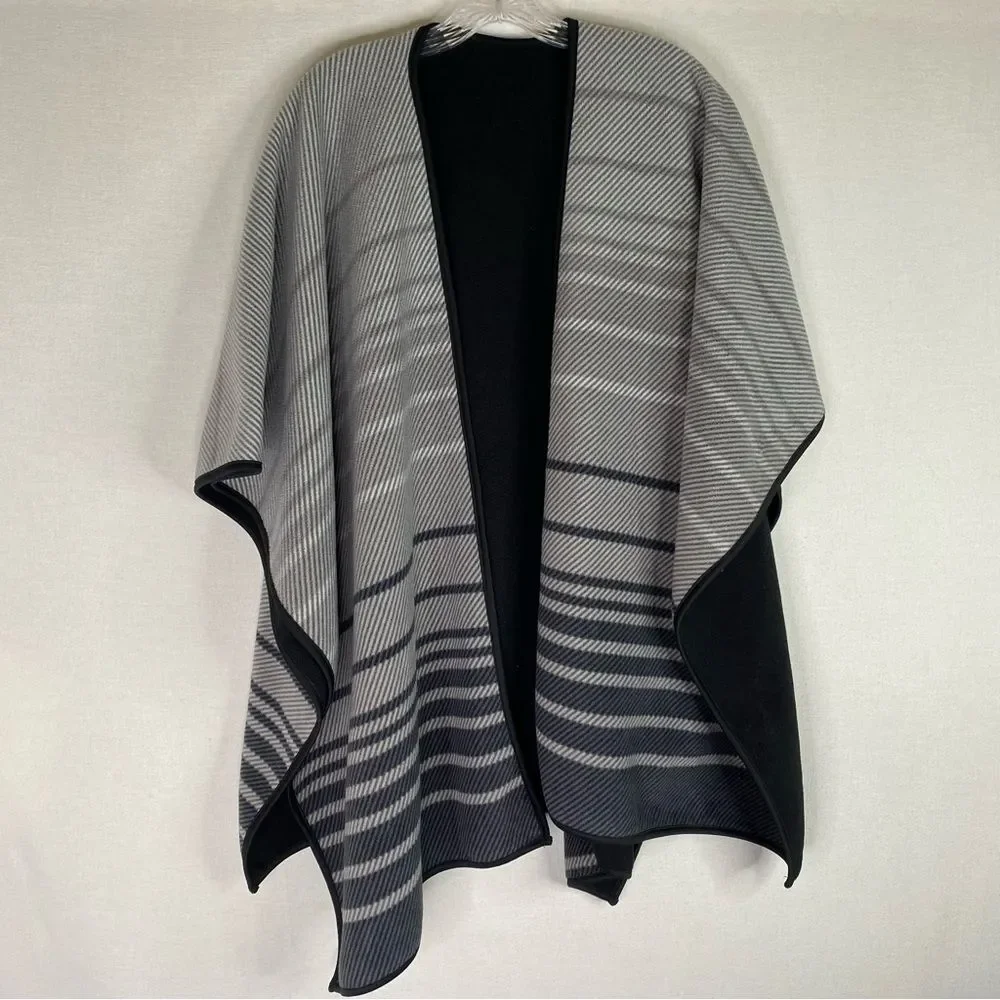 Ike Behar Ruana Reversible Wrap Blanket Shoulder Throw OS Black Gray Stripe